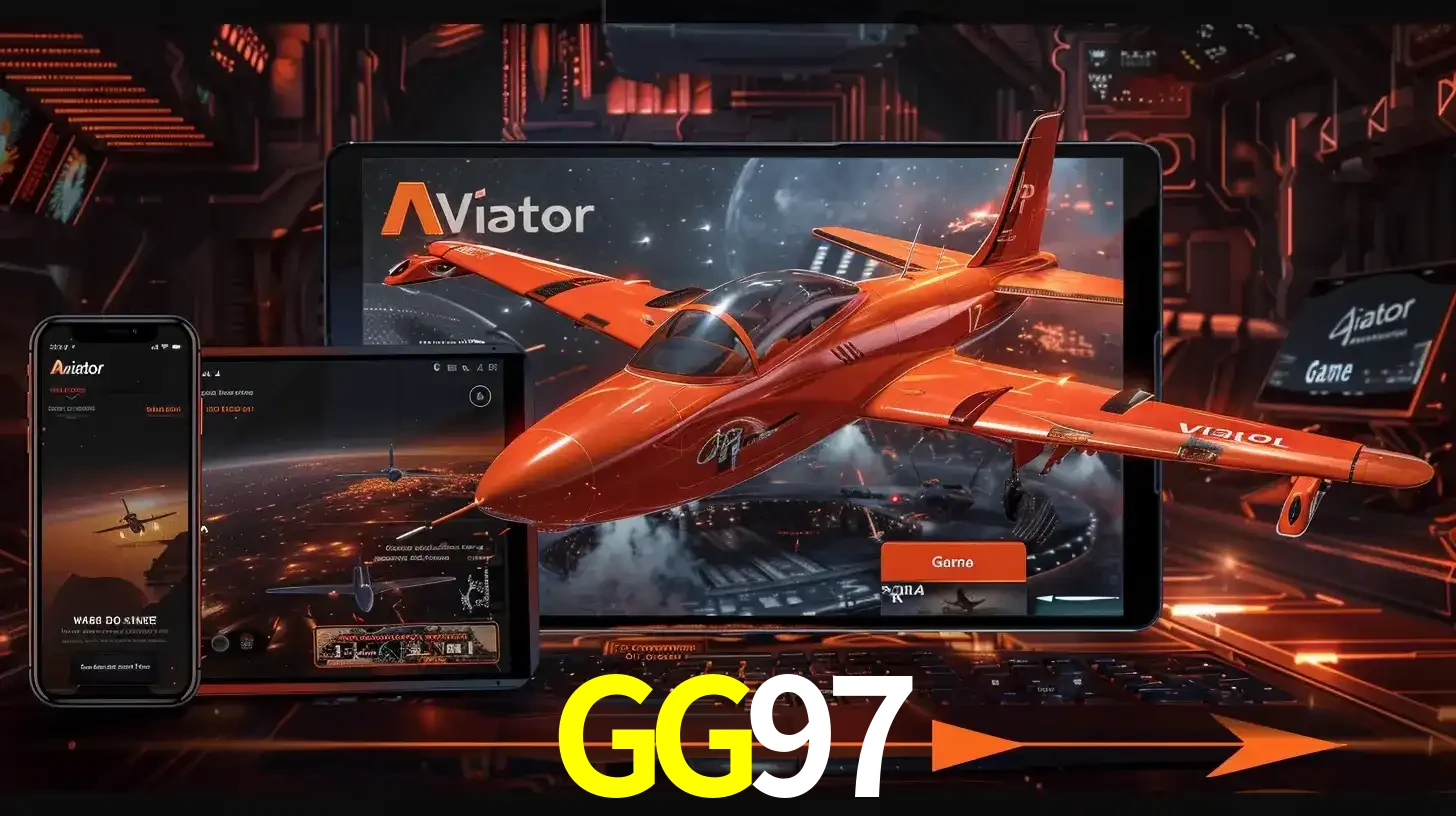 Apresentação tecnológica do jogo Aviator com um avião saindo da tela de um tablet, demonstrando a experiência imersiva em múltiplos dispositivos no GG97.