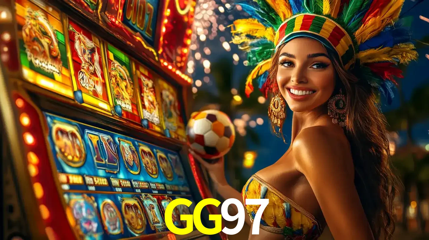 Mulher com um cocar de carnaval ao lado de uma máquina de caça-níqueis enquanto segura uma bola de futebol, mostrando a união da diversão de cassino e esportes no GG97.