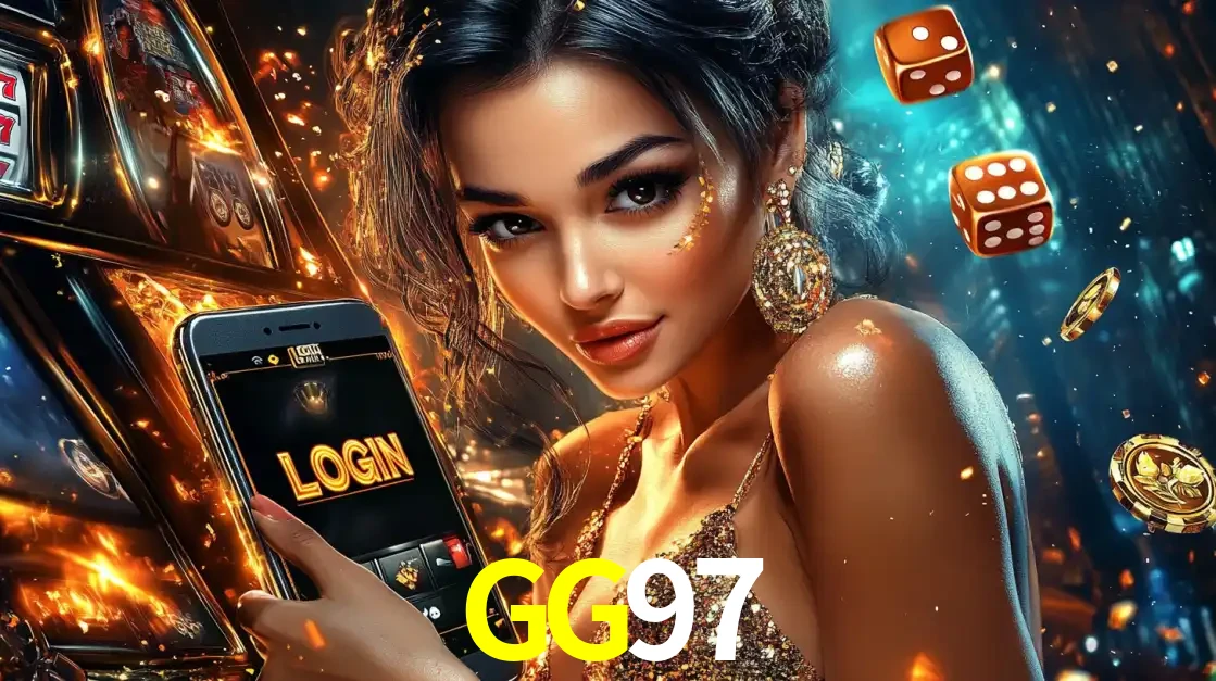 Mulher glamourosa segurando um celular com a tela de login do cassino GG97, rodeada por dados e moedas douradas, pronta para começar a diversão.