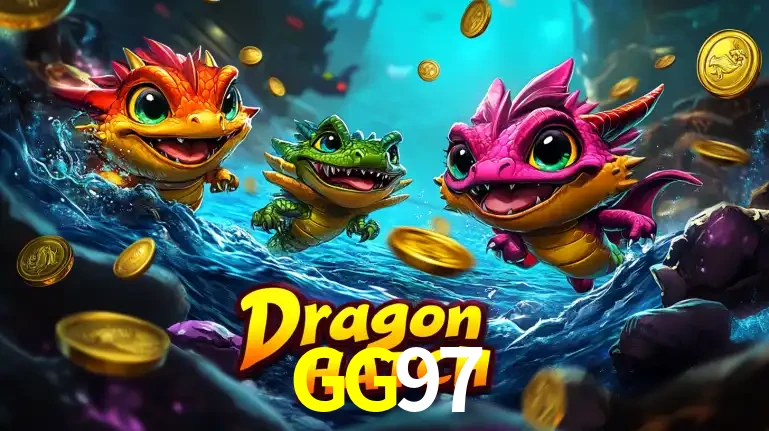 Arte promocional do jogo Dragon Hatch com três adoráveis dragões bebês nadando entre moedas de ouro, um dos slots mais divertidos para jogar no cassino GG97.