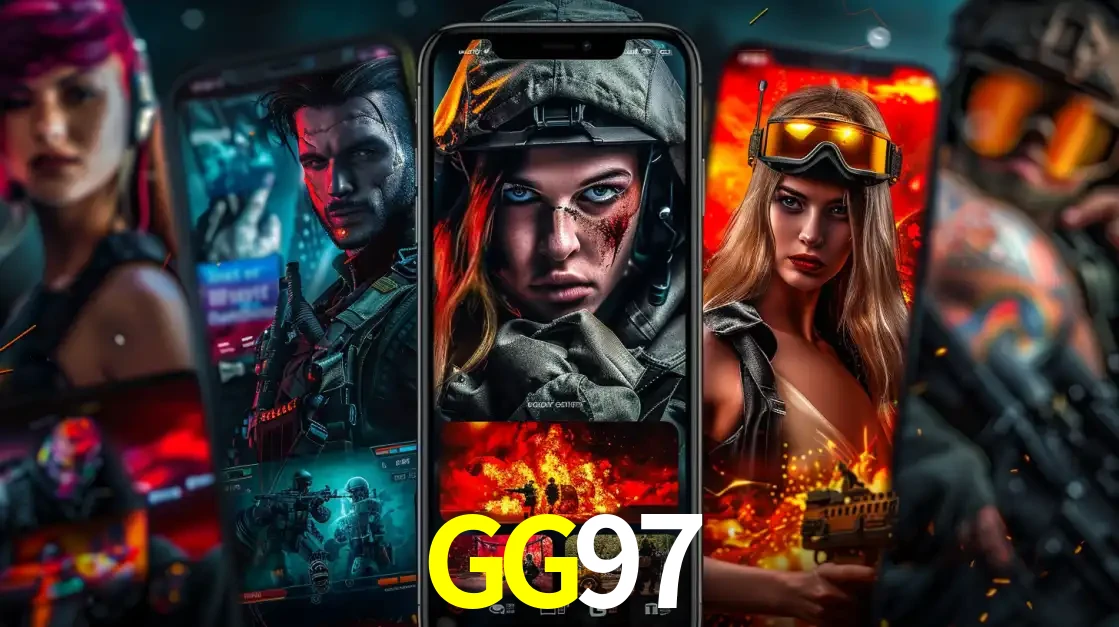 Montagem de telas de celular mostrando diversos personagens, masculinos e femininos, de um jogo de tiro, ilustrando a diversidade de equipes de e-sports para apostar no GG97.