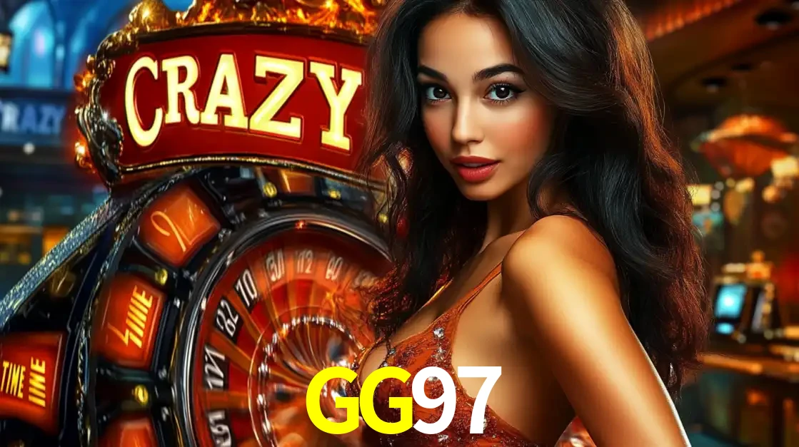 Mulher glamourosa olhando para a câmera com a roda vermelha do Crazy Time ao fundo em um ambiente de cassino, destacando a emoção dos jogos ao vivo no GG97.
