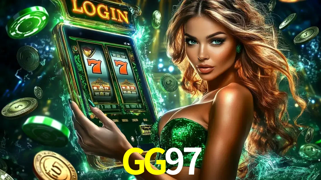 Mulher com tema verde apresentando o aplicativo do cassino GG97 com um jogo de slot de 777, cercada por fichas de cassino e uma aura de sorte.