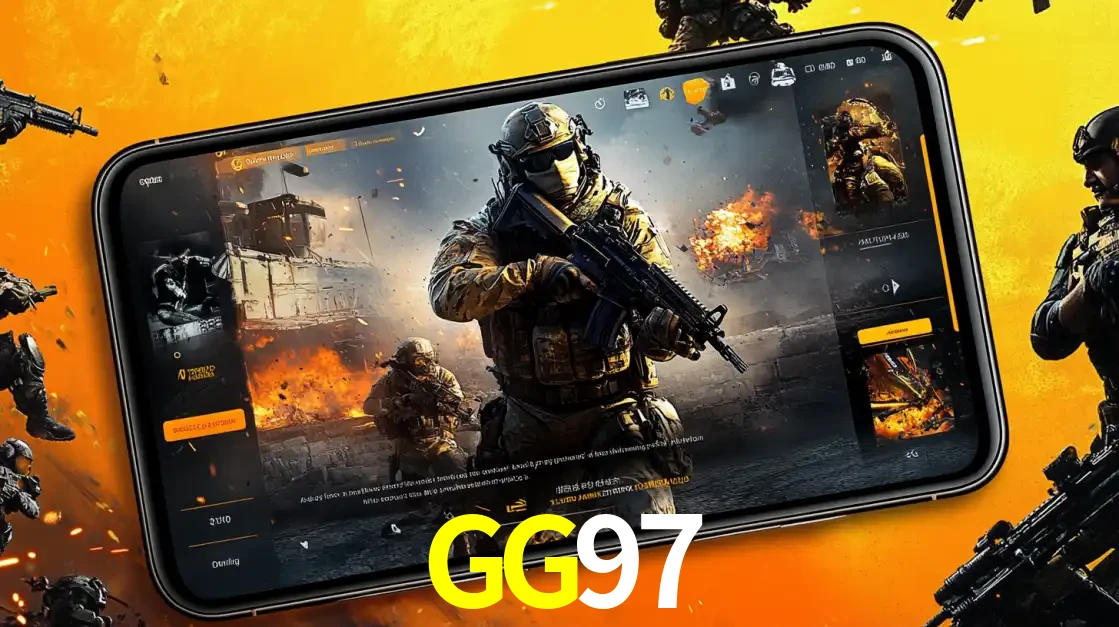 Um smartphone exibindo a interface de um jogo de tiro em primeira pessoa, com um soldado em um cenário de batalha, representando a ação dos e-sports para apostar no GG97.