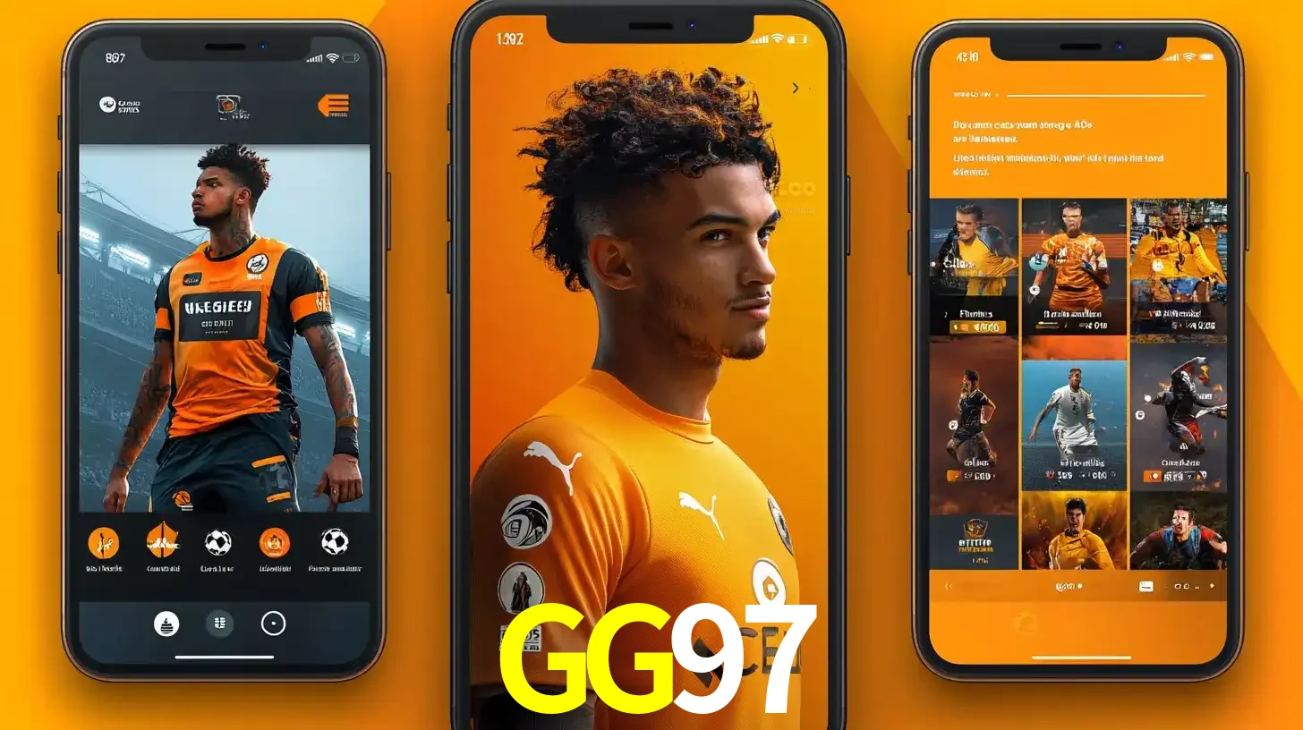 Interface do aplicativo de apostas esportivas GG97 em três telas de celular, mostrando o perfil de um jogador de futebol e a lista de jogos disponíveis para apostar.