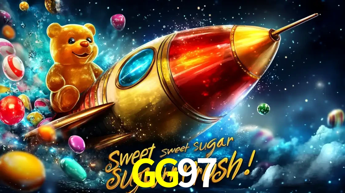 Arte promocional do jogo de slot Sugar Rush, com um urso de pelúcia em um foguete viajando pelo espaço de doces, um dos jogos divertidos disponíveis no cassino GG97.