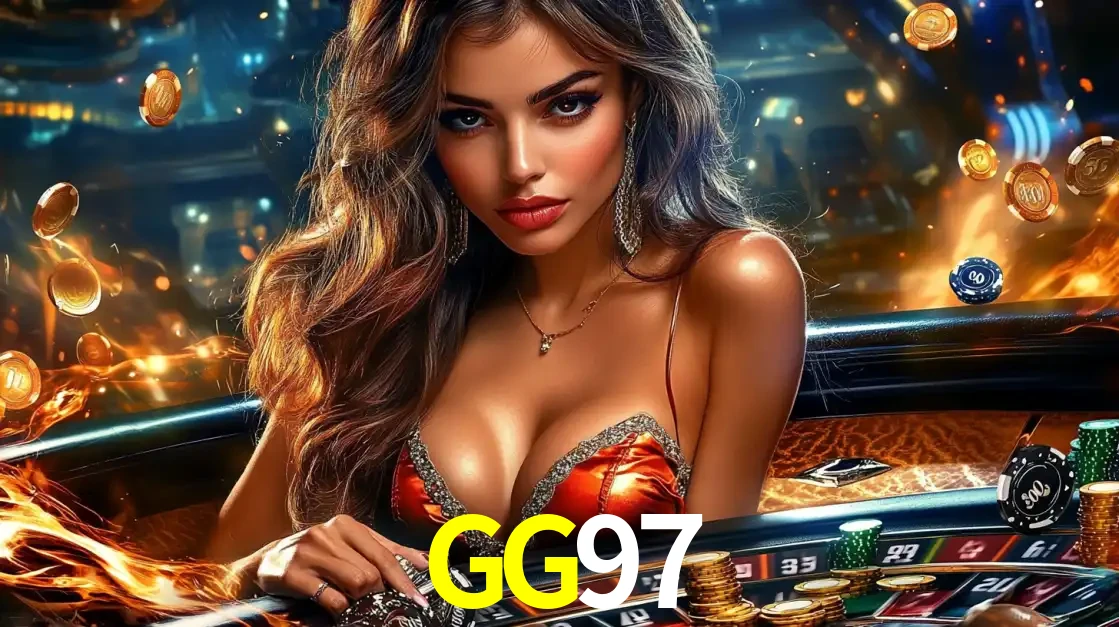 Mulher glamourosa em uma mesa de roleta com um fundo de chamas e moedas voadoras, pronta para fazer sua aposta e ganhar grandes prêmios no cassino ao vivo GG97.