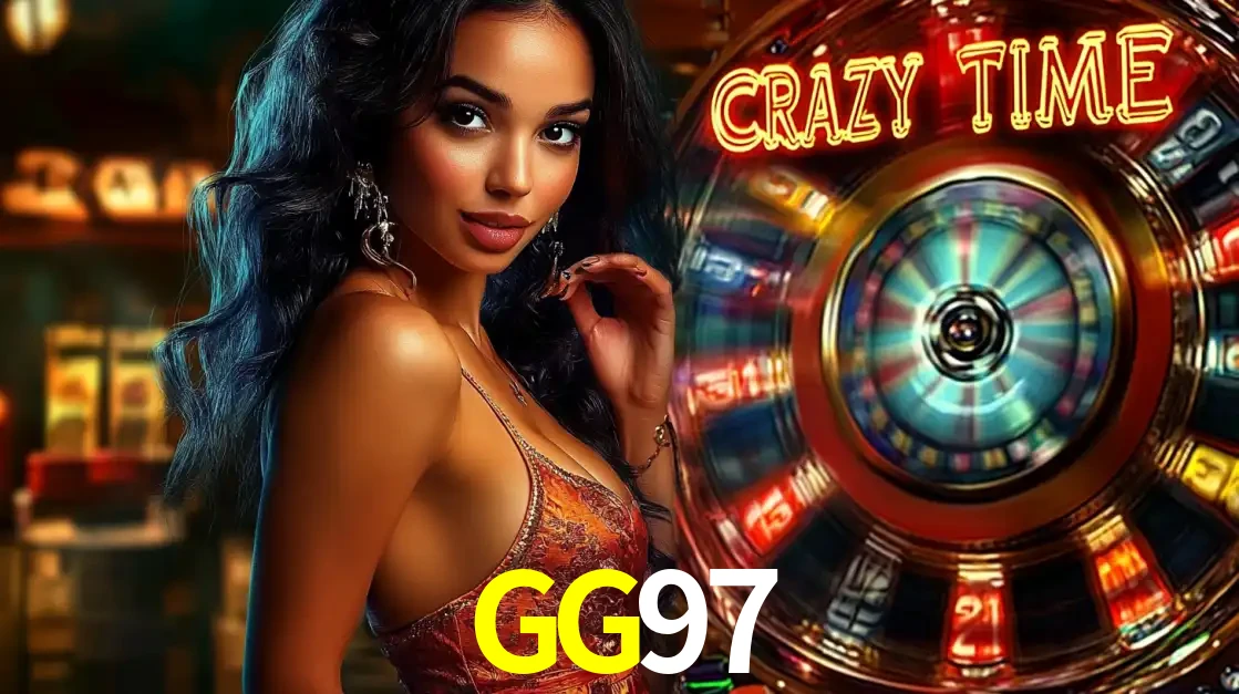 Mulher elegante ao lado da vibrante roda da fortuna do jogo de cassino ao vivo Crazy Time, um dos game shows mais populares e cheios de prêmios do GG97.