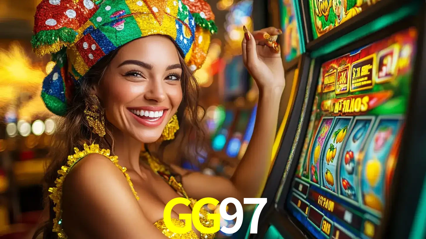 Mulher feliz com traje de carnaval amarelo e colorido ao lado de uma máquina de caça-níqueis, aproveitando a diversão e os jogos temáticos do cassino GG97.