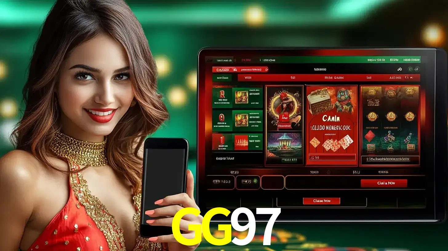 Mulher sorridente segurando um smartphone, ao lado de uma tela exibindo o lobby de jogos do cassino online GG97, com várias opções de jogos de cartas e slots.